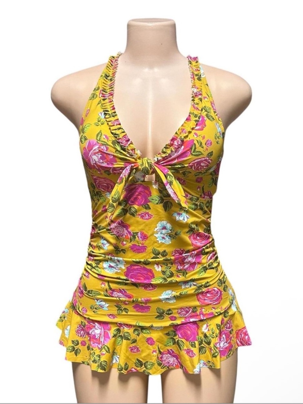 Betsey Johnson Yellow Floral Halter Swimdress with Pink Roses